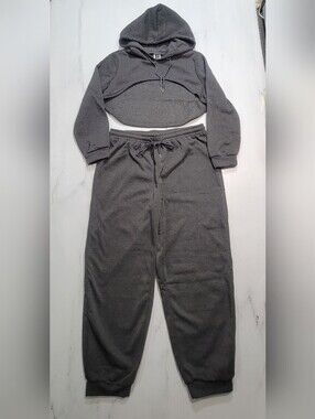 SHEIN Curve Womens 1XL Charcoal Grey 2 Piece Sweatset Super Crop Hoodie Joggers